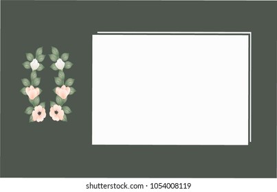 Vector illustration of flowers and leaves with a space for white text on a dark green background.