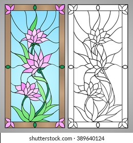 Vector illustration with flowers: lotus, water lily, magnolia in Stained glass window.