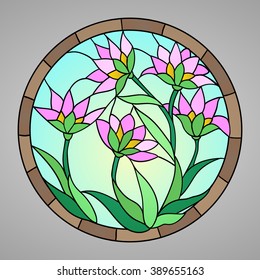 Vector illustration with flowers: lotus, water lily, magnolia in Stained glass window.