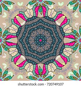 Vector illustration. Flowers on beige, blue and neutral colors. Abstract seamless pattern with hand drawing flowers.