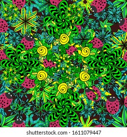 Vector illustration. Flowers on black, green and blue colors. Vector illustration. Seamless flowers pattern. In asian textile style.