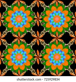 Vector illustration. Flowers on black, orange and green colors. Abstract seamless pattern with hand drawing flowers.
