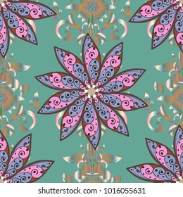 Vector illustration. Flowers on blue, brown and pink colors. Floral pattern. Flower seamless on blue, brown and pink colors. Flourish ornamental spring garden texture.