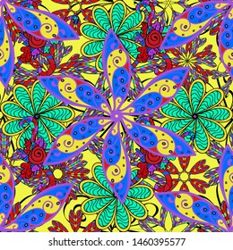 Vector illustration. Flowers on blue, yellow and violet colors. Vector illustration. Seamless flowers pattern. In asian textile style.