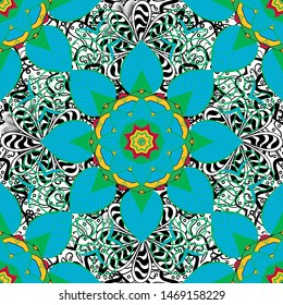 Vector illustration. Flowers on blue, white and green colors. Abstract seamless pattern with hand drawing flowers.