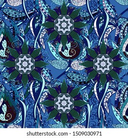 Vector illustration. Flowers on blue, neutral and green colors. Vector illustration. Seamless flowers pattern. In asian textile style.