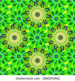 Vektorgrafik. Blumen auf Blau, Grün und Gelb. Blume nahtlos auf Blau, Grün und Gelb. Blumenmuster. Blumengartenstruktur für Zierfrüchte.