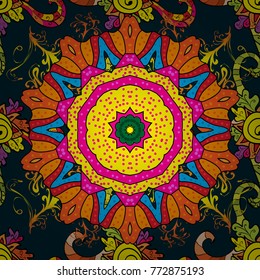 Vector illustration. Flowers on blue, yellow and orange colors. Tropical seamless floral pattern.