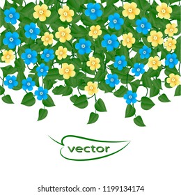 Vector illustration flowers on a branch winding hedge with green leaves from a tree or Bush garland vine ivy decoration for design floral ornament