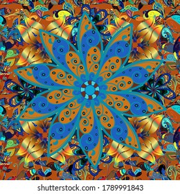 Ilustración vectorial. Flores en tonos marrón, azul y naranja. El patrón de flores sin foco se puede usar para papel pintado.