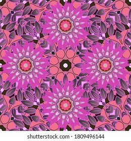 Ilustración vectorial. Flores de colores marrón, violeta y rosa. Flor sin costura en tonos marrón, violeta y rosa. Patrón floral. Florecer textura ornamental de jardín primaveral.