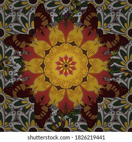 Ilustración vectorial. Flores en tonos marrones, amarillos y grises. En estilo textil asiático. Patrón de flores sin foco. Ilustración vectorial.