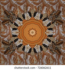Vector illustration. Flowers on brown, orange and beige colors. Vector illustration. In asian textile style. Seamless flowers pattern.