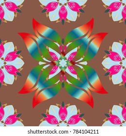 Vector illustration. Flowers on brown, neutral and magenta colors. Tropical seamless floral pattern.