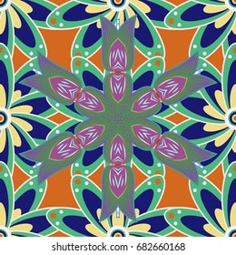 Vector illustration. Flowers on colored background. Seamless flowers pattern. In asian textile style. Vector illustration.