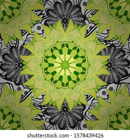 Vector illustration. Flowers on gray, green and yellow colors. Abstract seamless pattern with hand drawing flowers.