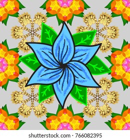 Vector illustration. Flowers on gray, yellow and green colors. Flat Flower Elements Design. Colour Spring Theme seamless pattern Background. Seamless floral pattern with flowers, watercolor.