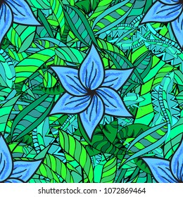 Vector illustration. Flowers on green, blue, black, gray and violet colors. Seamless flowers pattern. Vector illustration. In asian textile style.