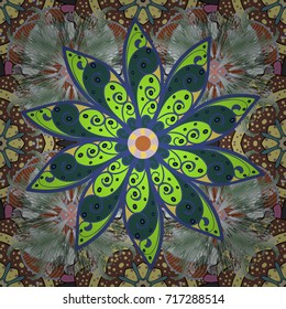 Vector illustration. Flowers on green, brown and violet colors. Tropical seamless floral pattern.