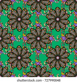 Vector illustration. Flowers on green, black and gray colors. Abstract seamless pattern with hand drawing flowers.