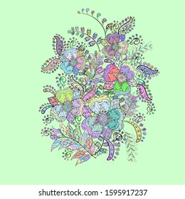 Vector illustration. Flowers on neutral, blue and green colors. In asian textile style. Seamless flowers pattern. Vector illustration.