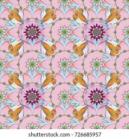 Vector illustration. Flowers on neutral, beige and green colors. Abstract seamless pattern with hand drawing flowers.