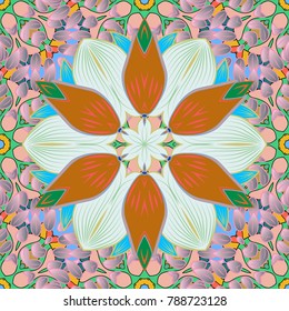 Vector illustration. Flowers on neutral, pink and orange colors. Abstract seamless pattern with hand drawing flowers.
