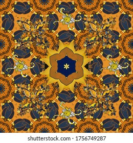 Ilustración vectorial. Flores de colores naranja, azul y marrón. Patrón floral sin fisuras tropical.