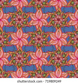 Vector illustration. Flowers on orange, blue and pink colors. Abstract seamless pattern with hand drawing flowers.