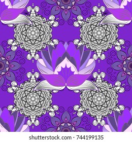 Vector illustration. Flowers on violet, white and black colors. Abstract seamless pattern with hand drawing flowers.