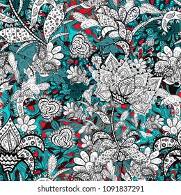 Vector illustration. Flowers on white, black, blue, gray and brown colors. Abstract seamless pattern with hand drawing flowers.