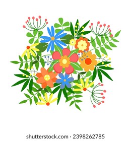 Vector illustration of flowers on a white background. A bouquet of wildflowers in the center of the illustration for decor and decoration.