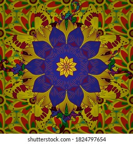Ilustración vectorial. Flores de color amarillo, rojo y azul. Resumen de un patrón impecable con flores dibujantes a mano.