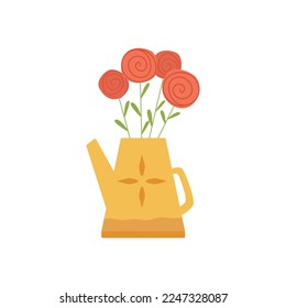 Vector illustration of flowers, Orange flowers in a watering can for watering plants and garden. Beautiful flora and Beautiful minimalist flat stylized in color. For the holiday, February 14, stickers