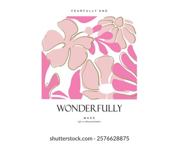 Vector illustration. flowers with pink tones on white background. Lovely print for t-shirt, Templates for celebration, ads, branding, banner, cover, label, poster, sales
