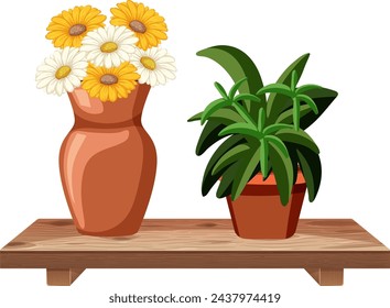 Vector illustration of flowers and plant on shelf