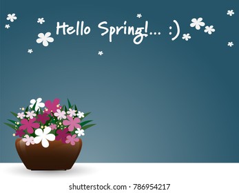 Vector illustration of flowers pot with spring flowers viewed from the side and "Hello Spring!...:)" Text in blue background.