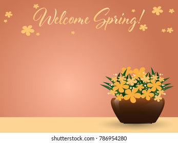 Vector illustration of flowers pot with spring flowers viewed from the side and "Welcome Spring!" Text in orange background.