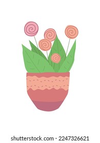 Vector illustration of flowers in pot or vase for a holiday, composition of plants and leaves. Decorative flat stylized in color. For design holidays, stickers, prints, advertisements, solo elements