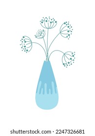 Ilustración vectorial de flores en olla o jarrón para vacaciones, composición de plantas y hojas. Decorativo plano estilizado en color. Para vacaciones de diseño, pegatinas, impresiones, anuncios, elementos individuales