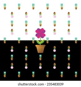 Vector illustration of flowers in pots, isolated on white and black backgrounds.