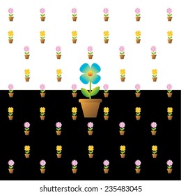 Vector illustration of flowers in pots, isolated on white and black backgrounds.