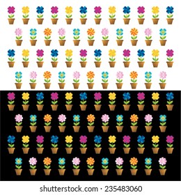 Vector illustration of flowers in pots, isolated on white and black backgrounds.