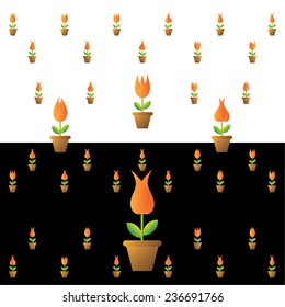 Vector illustration of flowers in pots, isolated on white and black backgrounds.