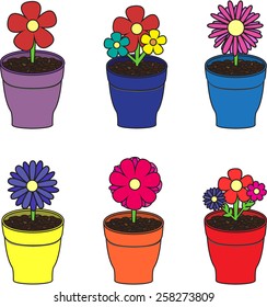 Vector illustration. Flowers in pots set. Isolated on white background.