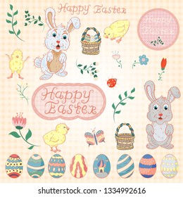 vector illustration, flowers, rabbits, egg, in childrens style on the theme of Easter celebration, a large set of drawings for design and decoration