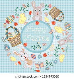 vector illustration, flowers, rabbits, egg, in childrens style on the theme of Easter, in a circular ornament for design and decoration
