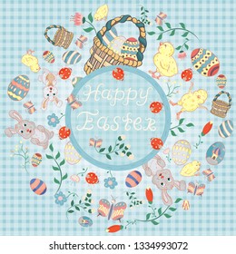 vector illustration, flowers, rabbits, egg, in childrens style on the theme of Easter, in a circular ornament for design and decoration