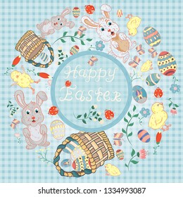 vector illustration, flowers, rabbits, egg, in childrens style on the theme of Easter, in a circular ornament for design and decoration
