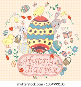 vector illustration, flowers, rabbits, egg, in childrens style on the theme of Easter, in a circular ornament for design and decoration